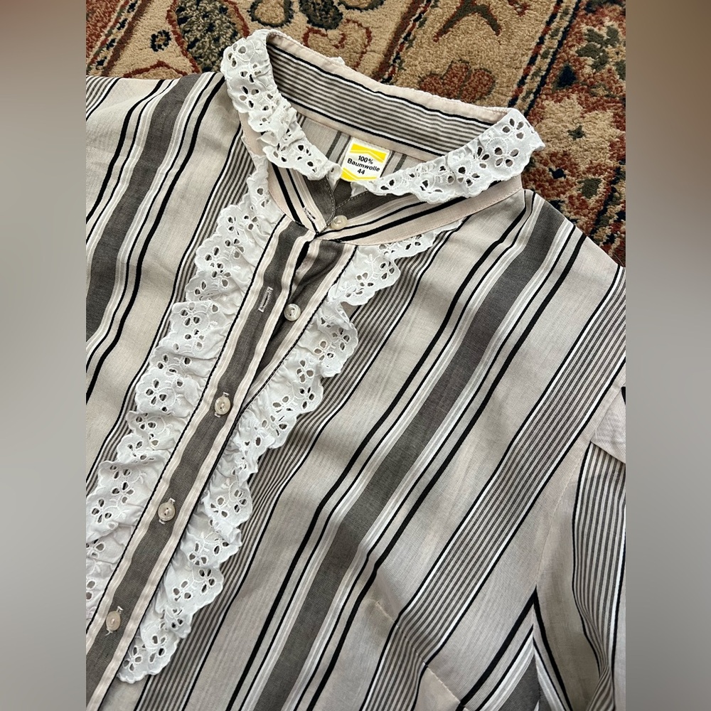 Striped Ruffled Front Button-Up Blouse - Neutral Stripes - Picture 2 of 5